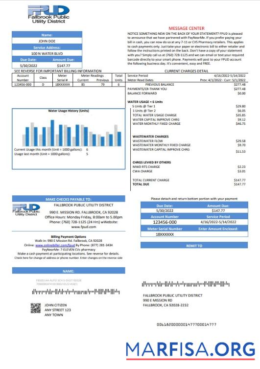 Редактируемый США Fallbrook Public Счёт за коммунальные услуги Счёт Шаблон in Word and PDF Формат