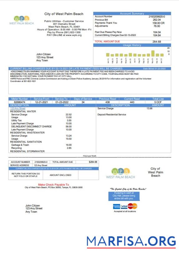Реалистичный США Florida City of West Palm Beach Счёт за коммунальные услуги Счёт Шаблон in Word and PDF Формат