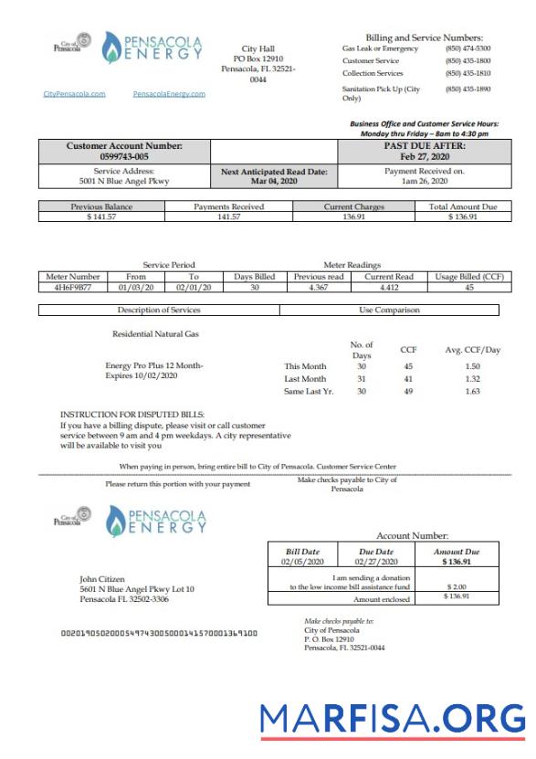 Реалистичный США Florida Pensacola Energy Счёт за коммунальные услуги Счёт Шаблон in Word and PDF Формат