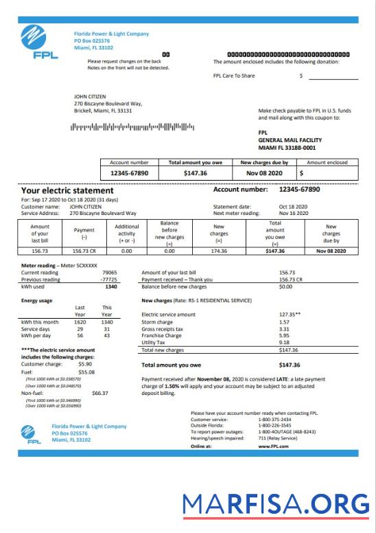 Редактируемый США Florida Power & Light Компания (FPL) Электричество Счёт за коммунальные услуги Счёт Шаблон in Word and PDF Формат