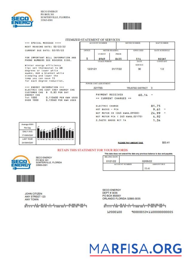 Премиум США Florida Seco Energy Счёт за коммунальные услуги Счёт Шаблон in Word and PDF Формат