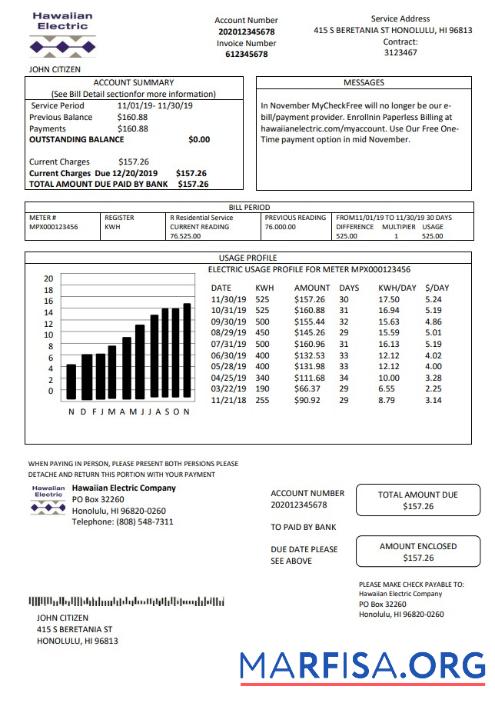 Высокое Качество США Hawaiian Electric Счёт за коммунальные услуги Счёт Шаблон in Word and PDF Формат (.doc and .PDF)