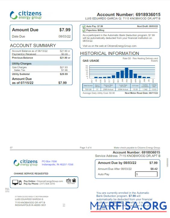 Премиум США INDIANAPOLIS CITIZENS ENERGY GROUP Счёт за коммунальные услуги Счёт Word and PDF Шаблон