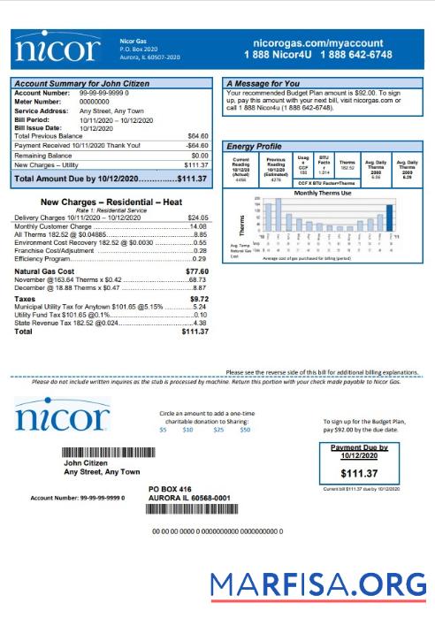 Реалистичный США Illinois Nicor Газ Счёт за коммунальные услуги Счёт Шаблон in Word and PDF Формат