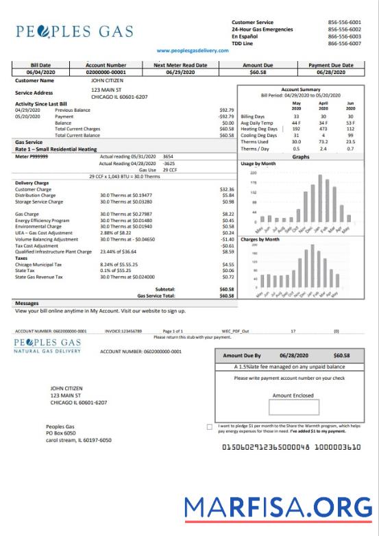 Высокое Качество США Illinois Peoples Газ Счёт за коммунальные услуги Счёт Шаблон in Word and PDF Формат