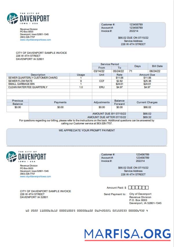 Редактируемый США Iowa City of Davenport Счёт за коммунальные услуги Счёт Шаблон in Word and PDF Формат