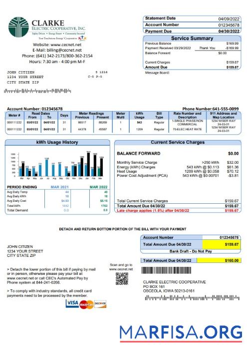 Профессиональный США Iowa Clarke Electric Cooperative, Inc Счёт за коммунальные услуги Счёт Шаблон in Word and PDF Формат