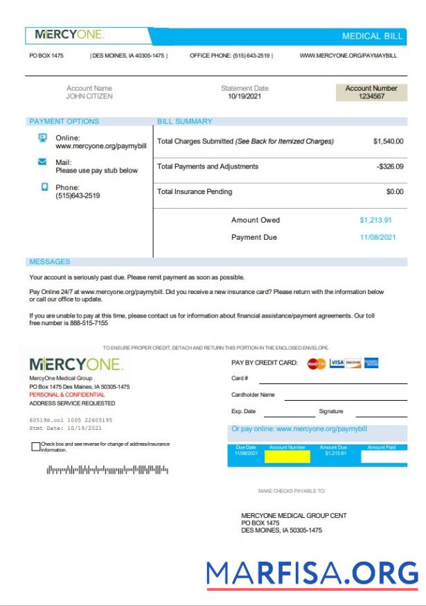 Редактируемый США Iowa MercyOne Медицинский Счёт Шаблон in Word and PDF Формат