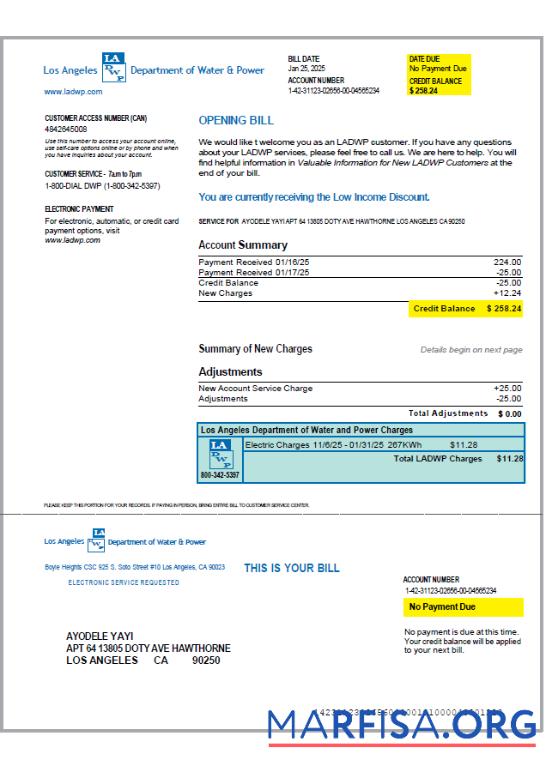 Премиум США LA DWP Счёт за коммунальные услуги Счёт Шаблон in Word and PDF Форматы, Версия 2