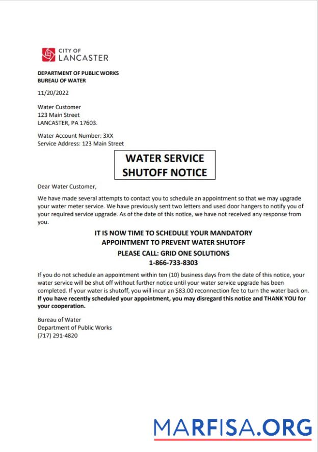 Высокое Качество США Lancaster Вода Услуга Счёт за коммунальные услуги Счёт shutoff notice, Word and PDF Шаблон