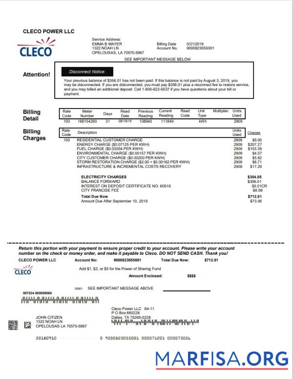 Высокое Качество США Louisiana Cleco Power Электричество Счёт за коммунальные услуги Счёт Шаблон in Word and PDF Формат
