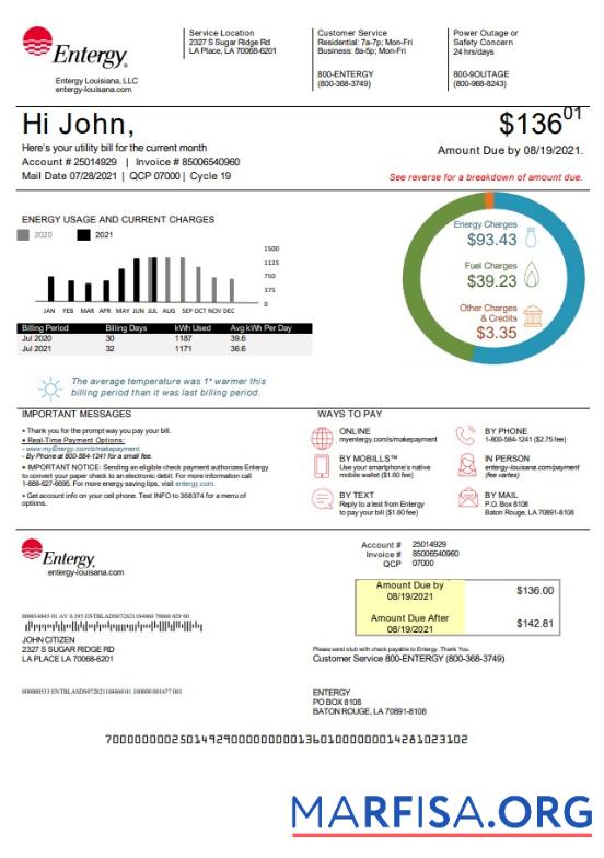 Редактируемый США Louisiana Entergy Счёт за коммунальные услуги Счёт Шаблон in Word and PDF Формат, Версия 2