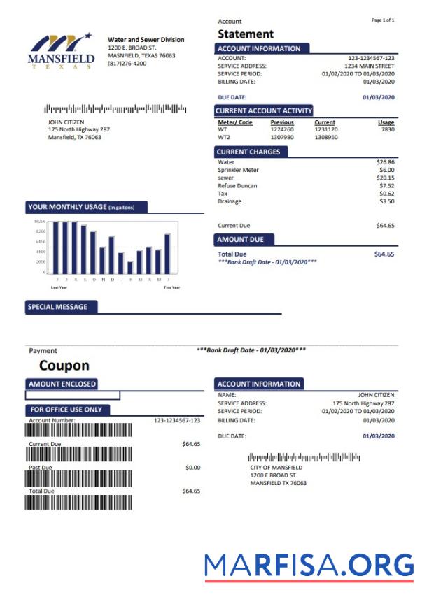 Высокое Качество США Mansfield Texas Счёт за коммунальные услуги Счёт Шаблон in Word and PDF Формат (.doc and .PDF)
