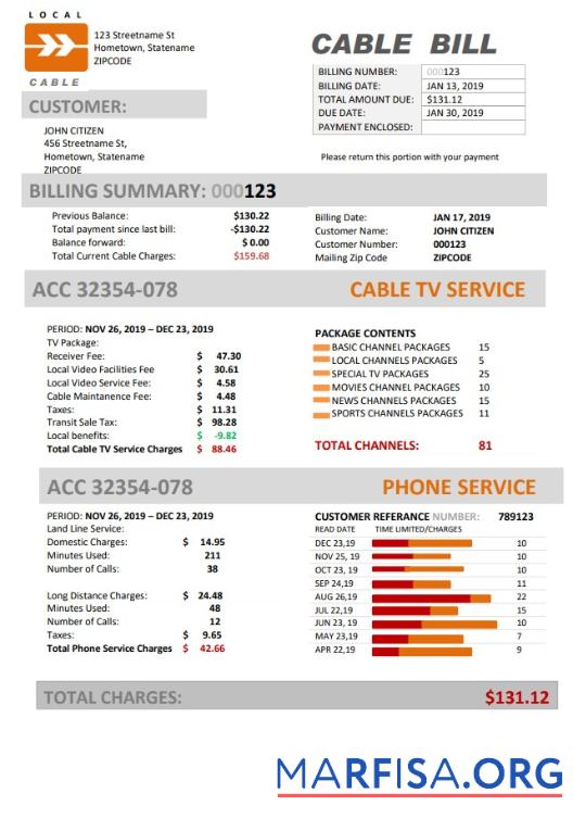 Высокое Качество США Marine Local Cable Счёт за коммунальные услуги Счёт Шаблон in Word and PDF Формат (.doc and .PDF)