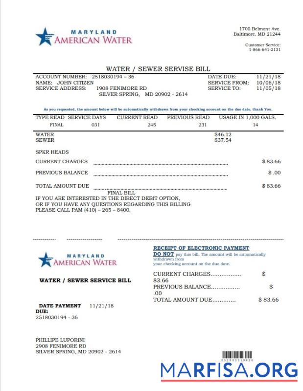Редактируемый США Maryland American Вода Счёт за коммунальные услуги Счёт Шаблон in Word and PDF Формат