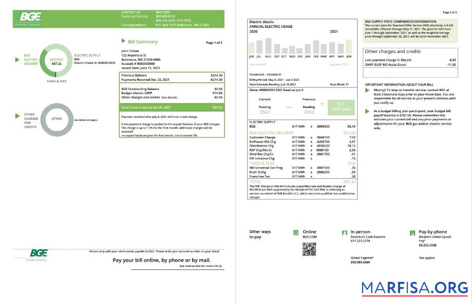 Реалистичный США Maryland Baltimore Газ and Electric (BGE) Счёт за коммунальные услуги Счёт Шаблон in Word and PDF Формат (2 pages)