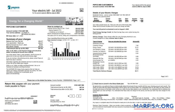 Профессиональный США Maryland Pepco Счёт за коммунальные услуги Счёт, Word and PDF Шаблон, 3 pages 1 2