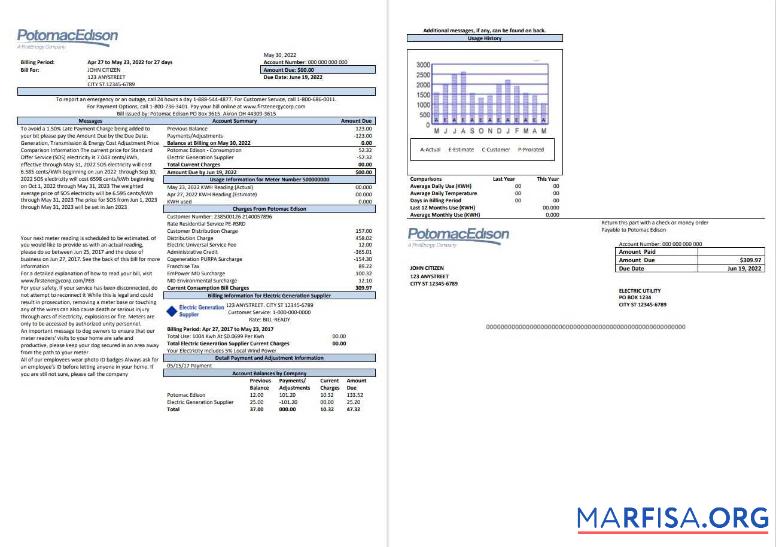 Премиум США Maryland Potomac Edison Счёт за коммунальные услуги Счёт, Word and PDF Шаблон, 2 pages