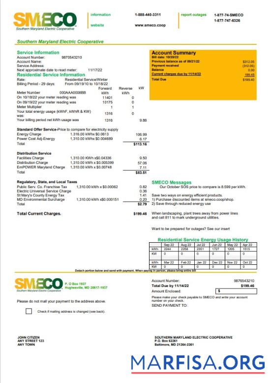 Реалистичный США Maryland SMECO Счёт за коммунальные услуги Счёт Шаблон in Word and PDF Формат