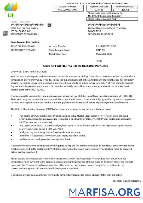 Редактируемый США Massachusetts Chelsea The United Illuminating Компания Счёт за коммунальные услуги Счёт shutoff notice, Word and PDF Шаблон