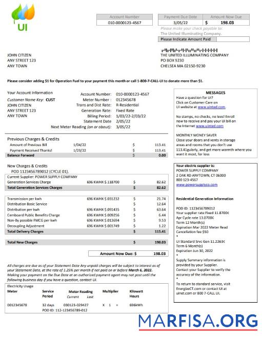 Профессиональный США Massachusetts Chelsea UI The United Illuminating Компания Счёт за коммунальные услуги Счёт Word and PDF Шаблон