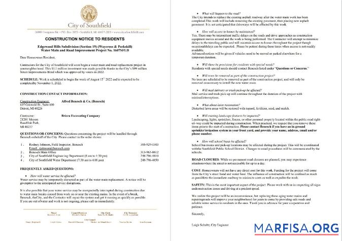 Профессиональный США Michigan City of Southfield Счёт за коммунальные услуги Вода and construction shut off notice, Word and PDF Шаблон, 3 pages 1 2