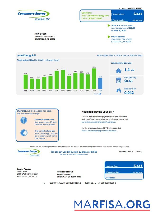 Высокое Качество США Michigan Consumers Energy Счёт за коммунальные услуги Счёт Шаблон in Word and PDF Формат