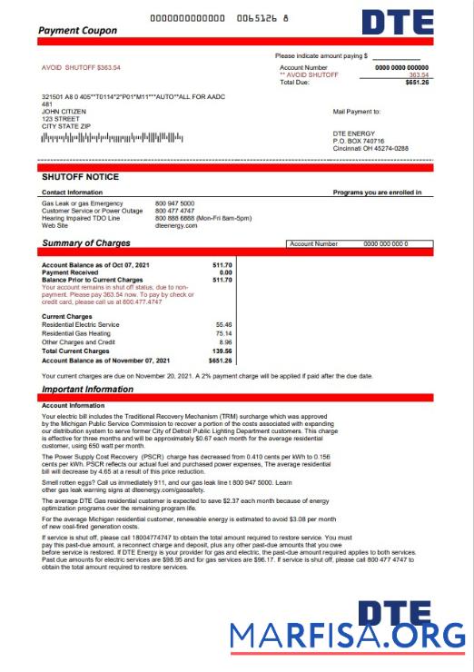 Редактируемый США Michigan DTE Energy Счёт за коммунальные услуги Счёт Шаблон in Word and PDF Формат