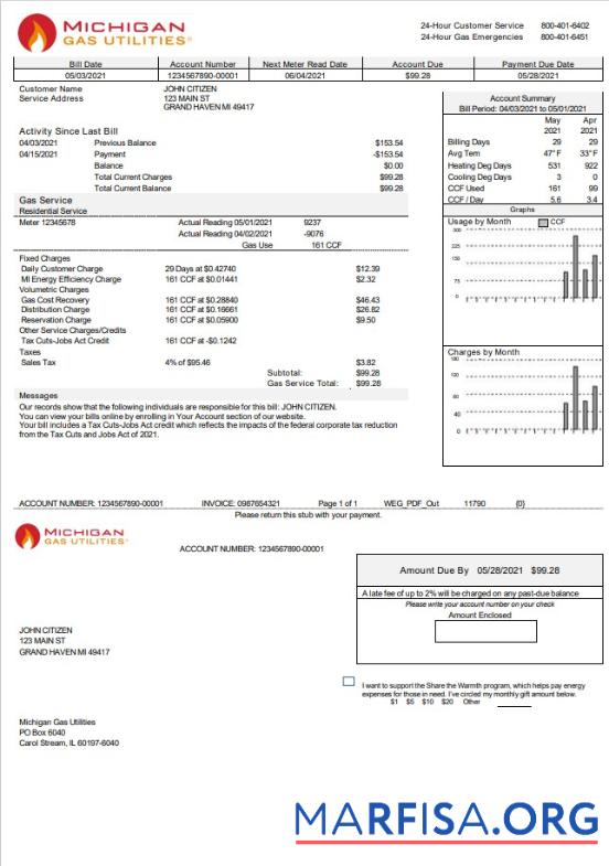Редактируемый США Michigan Газ Utilities Счёт за коммунальные услуги Счёт Шаблон in Word and PDF Формат Версия 2