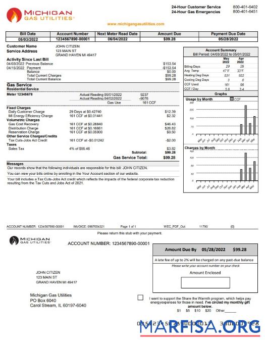 Реалистичный США Michigan Газ Utilities Счёт за коммунальные услуги Счёт Шаблон in Word and PDF Формат Версия 1