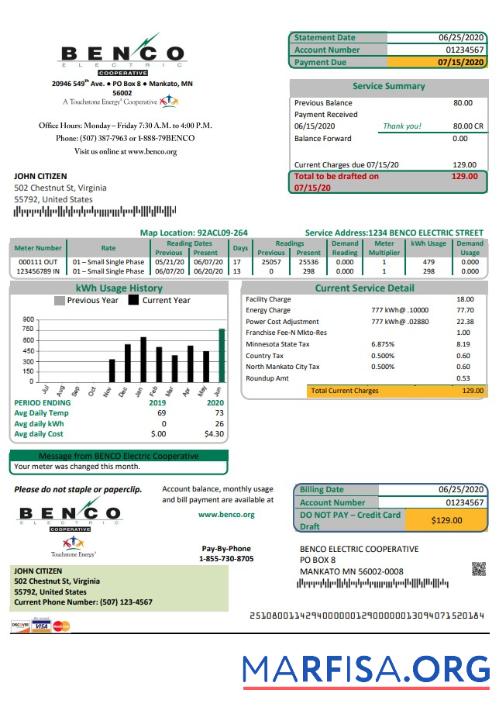 Профессиональный США Minnesota Benco Elecric Электричество easy fillable Счёт за коммунальные услуги Счёт Шаблон in Word and PDF Формат (.doc and .PDF)