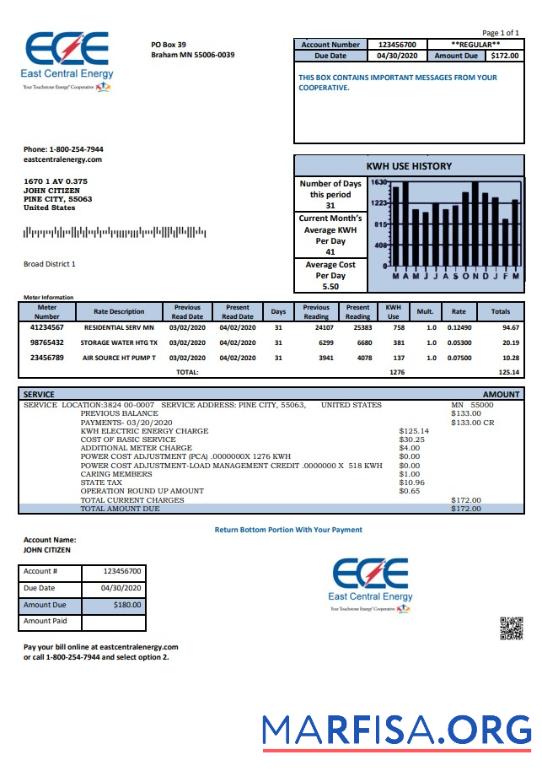 Премиум США Minnesota East Central Energy Счёт за коммунальные услуги Счёт Шаблон in Word and PDF (.doc and .PDF) Формат