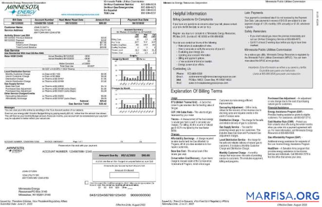 Реалистичный США Minnesota Energy Счёт за коммунальные услуги Счёт, Word and PDF Шаблон, 2 pages