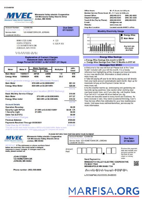 Редактируемый США Minnesota Valley Electric Cooperative (MVEC) Счёт за коммунальные услуги Счёт Шаблон in Word and PDF Формат