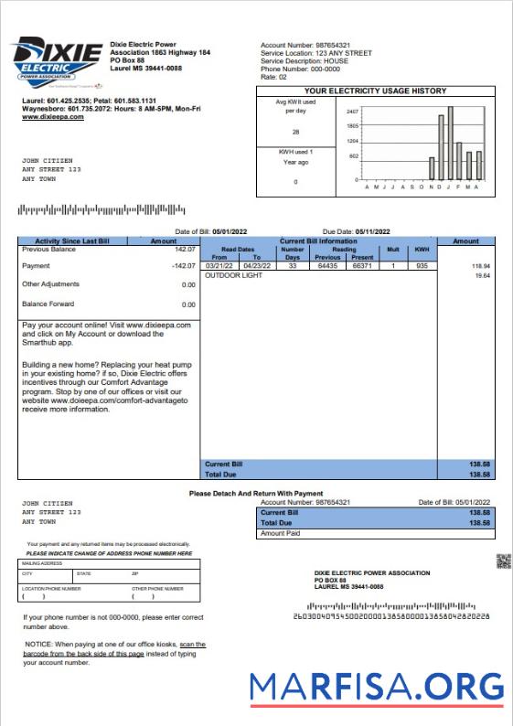 Премиум США Mississippi Dixie Electric Счёт за коммунальные услуги Счёт Шаблон in Word and PDF Формат