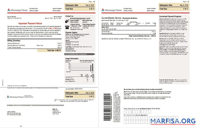Редактируемый США Mississippi Power Счёт за коммунальные услуги Счёт, Word and PDF Шаблон, 2 pages