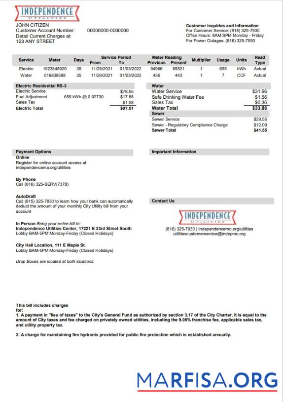Реалистичный США Missouri Independence Utilities Счёт за коммунальные услуги Счёт Шаблон in Word and PDF Формат, Версия 2