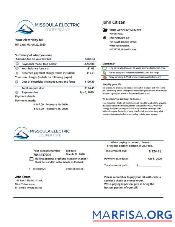 Высокое Качество США Montana Missoula Electric Cooperative Электричество Счёт за коммунальные услуги Счёт Шаблон in Word and PDF Формат