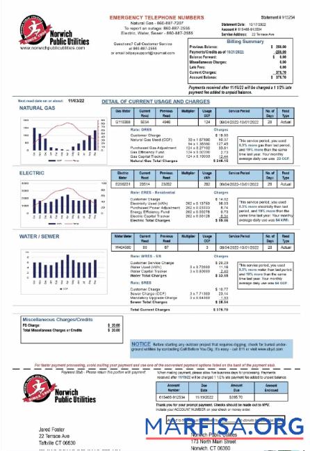 Реалистичный США NORWICH PUBLIC UTILITIES Счёт за коммунальные услуги Счёт Word and PDF Шаблон