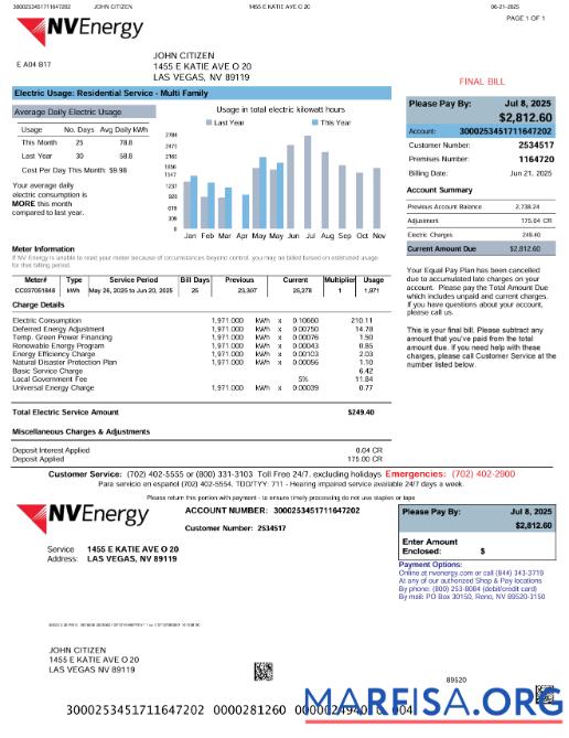 Премиум США NV Energy Счёт за коммунальные услуги Счёт Шаблон in Word and PDF Форматы, Версия 2
