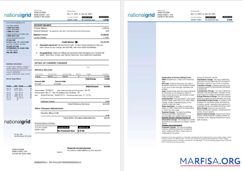 США Nationalgrid electric Счёт за коммунальные услуги Счёт Word and PDF Форматы, 2 pages образец