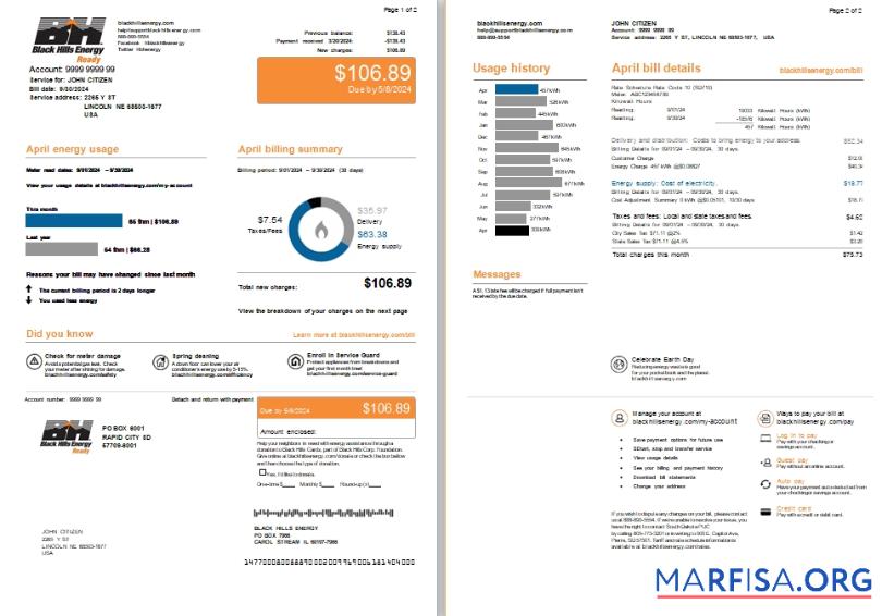 США Nebraska Lincoln Black Hills Energy Счёт за коммунальные услуги Счёт, 2 pages scr шаблон