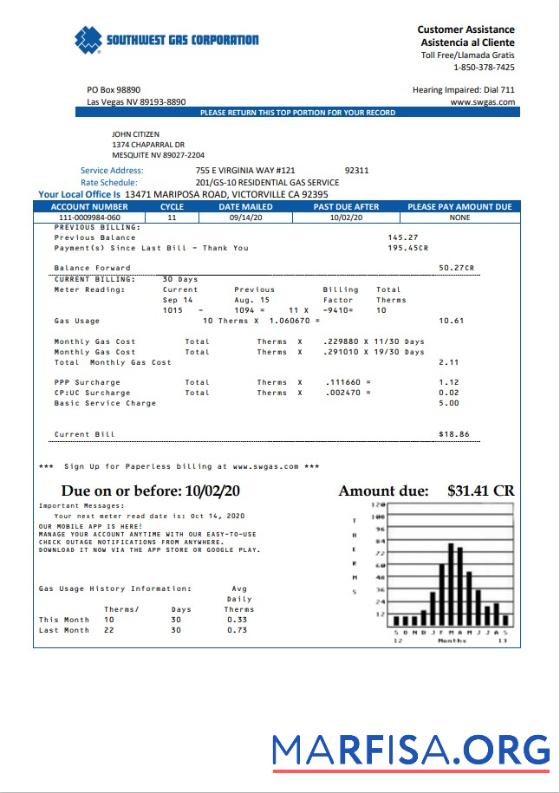 Премиум США Nevada Southwest Газ Corporation Счёт за коммунальные услуги Счёт Шаблон in Word and PDF Формат