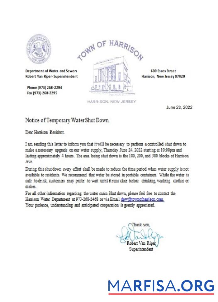 США Новый Джерси Town of Harrison Вода shut off notice образец