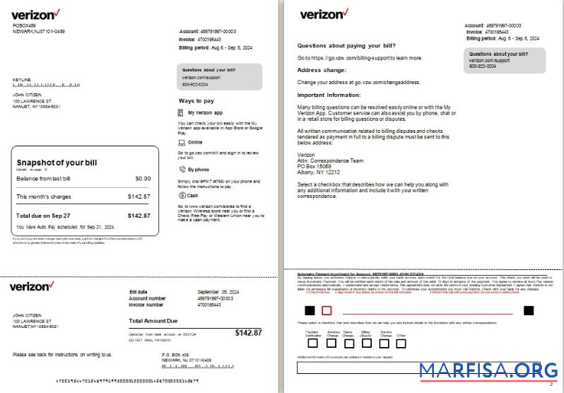 США Новый Джерси Verizon Счёт за коммунальные услуги 1 2 scr шаблон