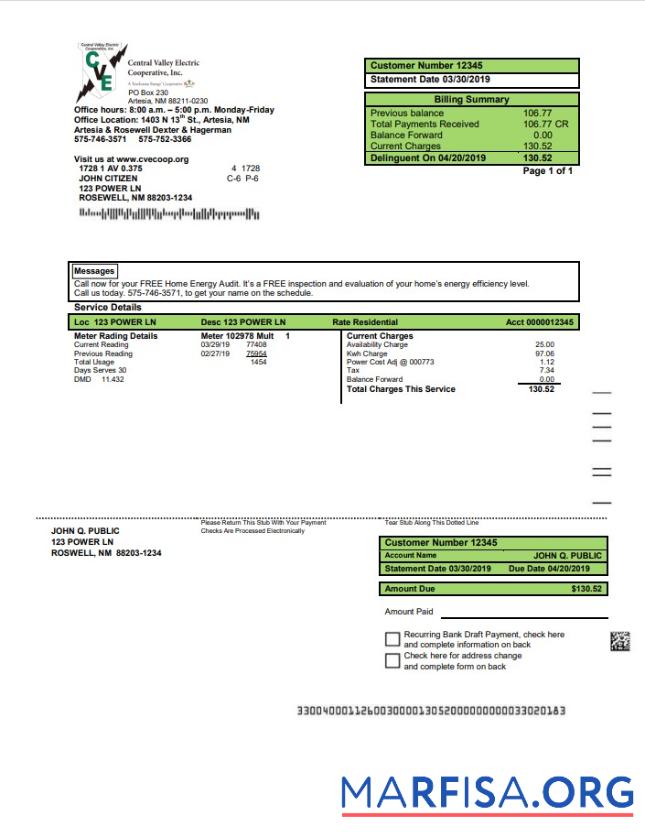 Реалистичный США Новый Мексика Электричество proof of address Счёт за коммунальные услуги Счёт Шаблон in Word and PDF Формат