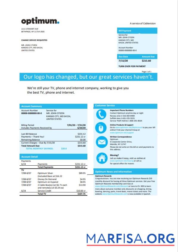 Премиум США Новый York Optimum cablevision Счёт Шаблон in Word and PDF Формат
