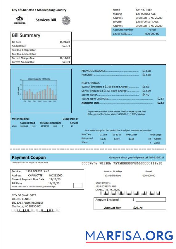 Премиум США North Carolina City of Charlotte Вода Счёт за коммунальные услуги Счёт Шаблон in Word and PDF Формат