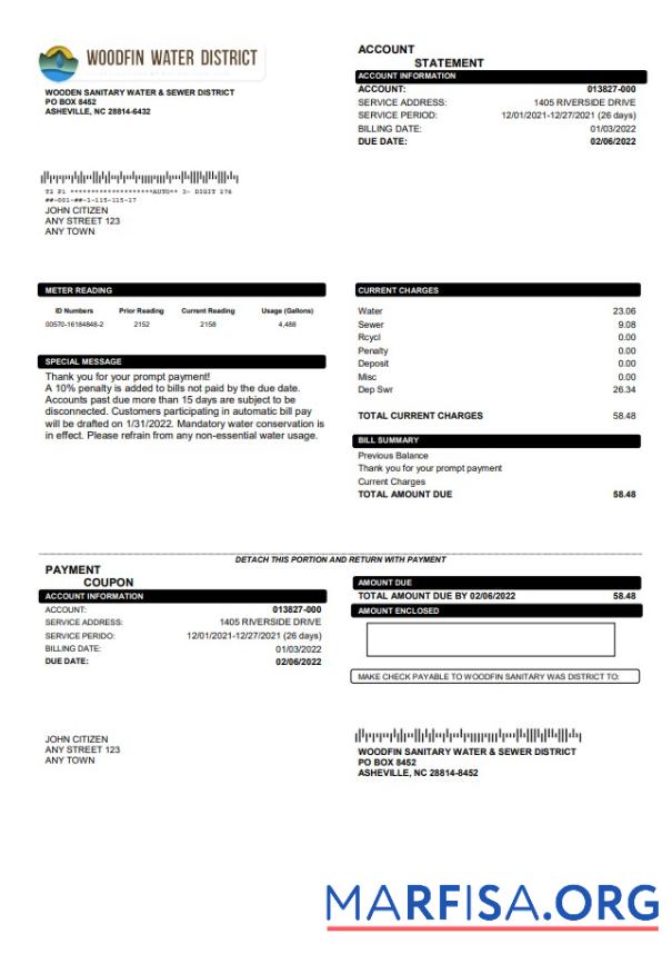 Премиум США North Carolina Woodfin Sanitary Вода & Sewer District Счёт за коммунальные услуги Счёт Шаблон in Word and PDF Формат