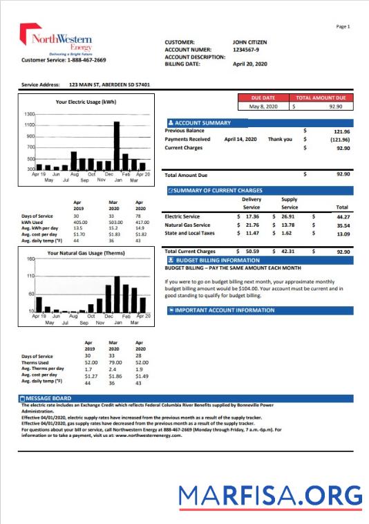 Редактируемый США NorthWestern Energy Счёт за коммунальные услуги Счёт Шаблон in Word and PDF Формат, Версия 1